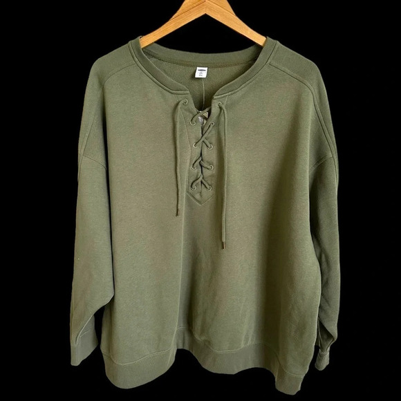 NWT old navy Women’s 3X Olive Green Lace Up Pullover Sweatshirt Top Casual Plus - Picture 2 of 6